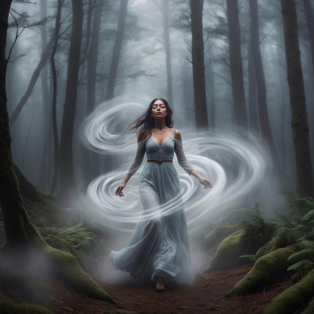 A stunning image of mystical woman surrounded by swirling mist in a forest.