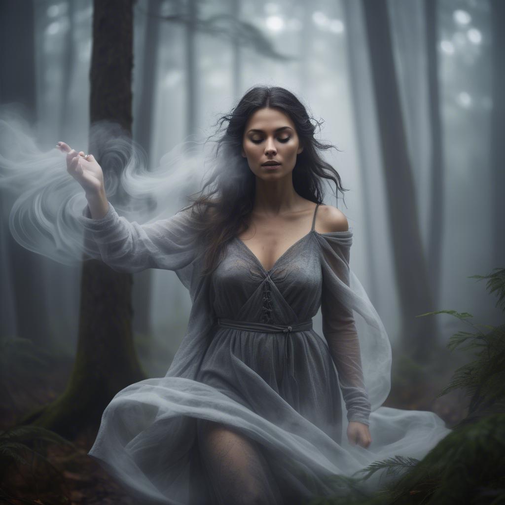 A stunning image of mystical woman surrounded by swirling mist in a forest.