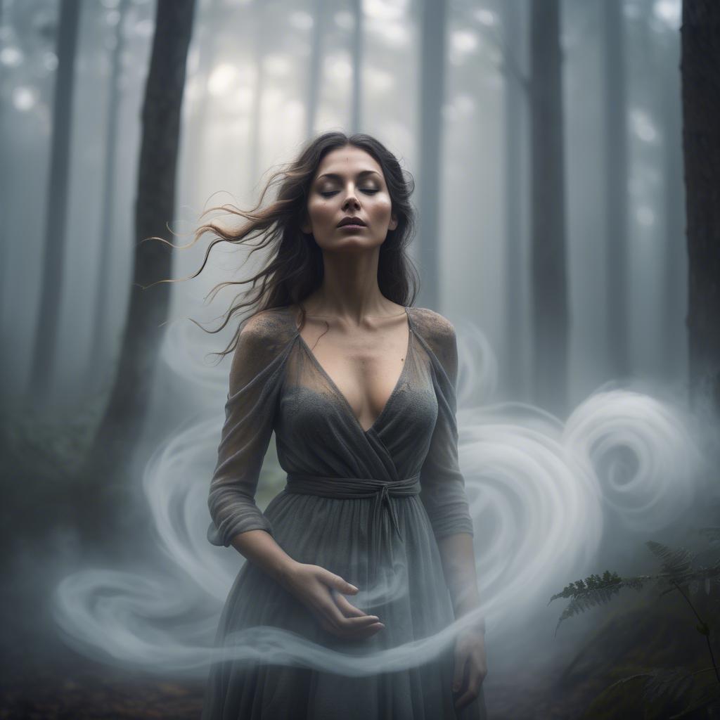 A stunning image of mystical woman surrounded by swirling mist in a forest.