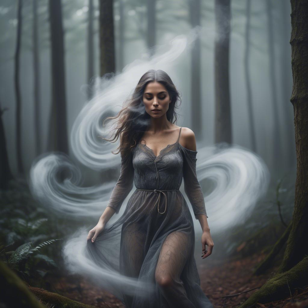 A stunning image of mystical woman surrounded by swirling mist in a forest.