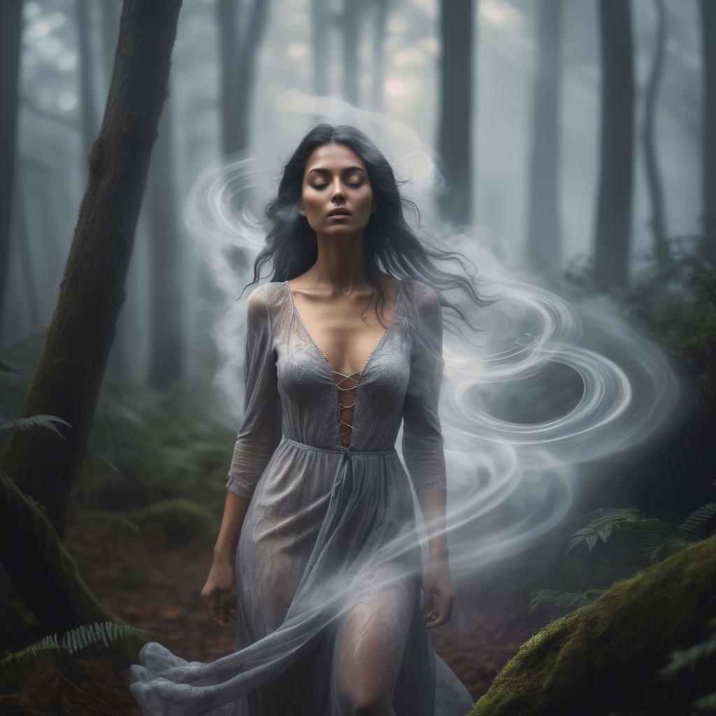 A stunning image of mystical woman surrounded by swirling mist in a forest.