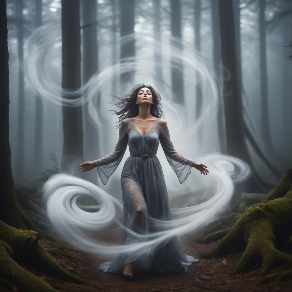 A stunning image of mystical woman surrounded by swirling mist in a forest.