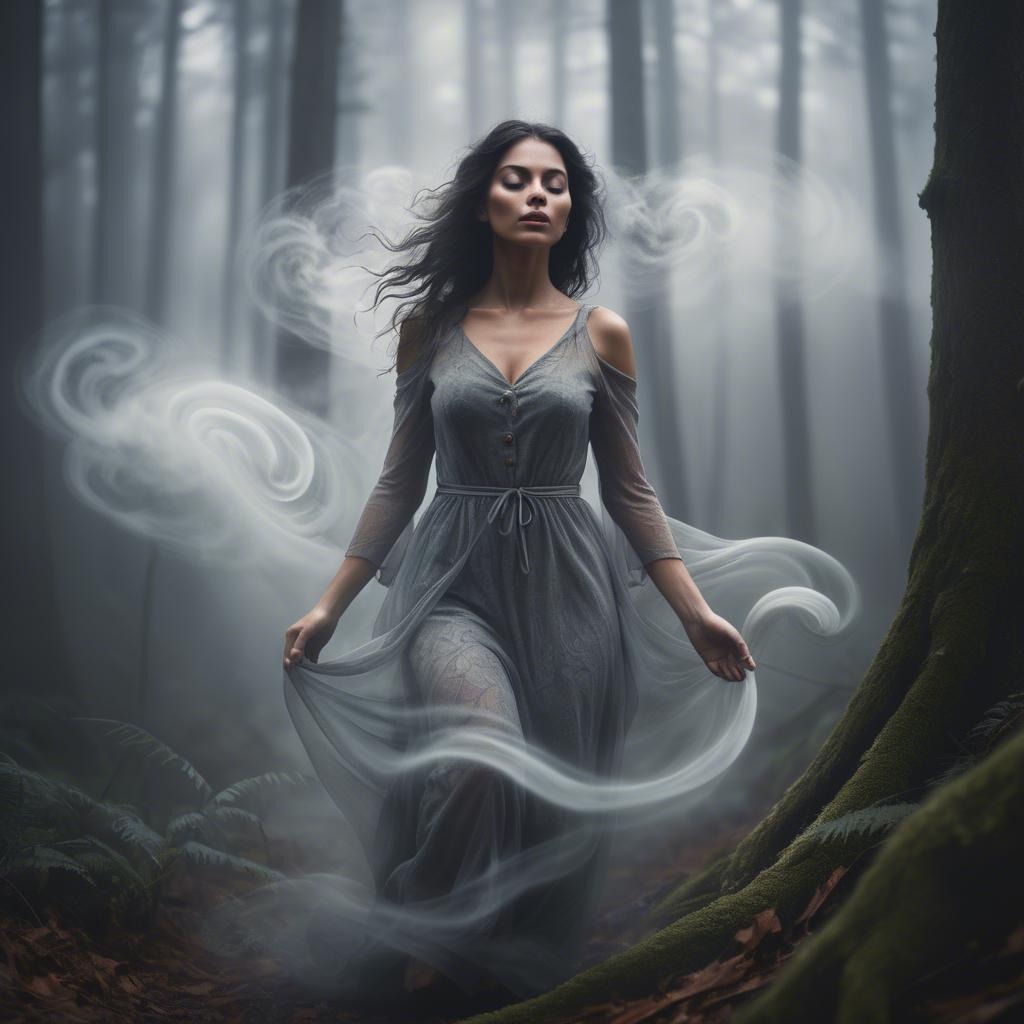 A stunning image of mystical woman surrounded by swirling mist in a forest.