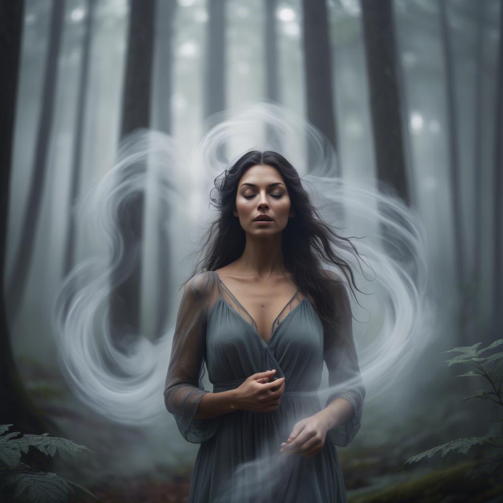 A stunning image of mystical woman surrounded by swirling mist in a forest.