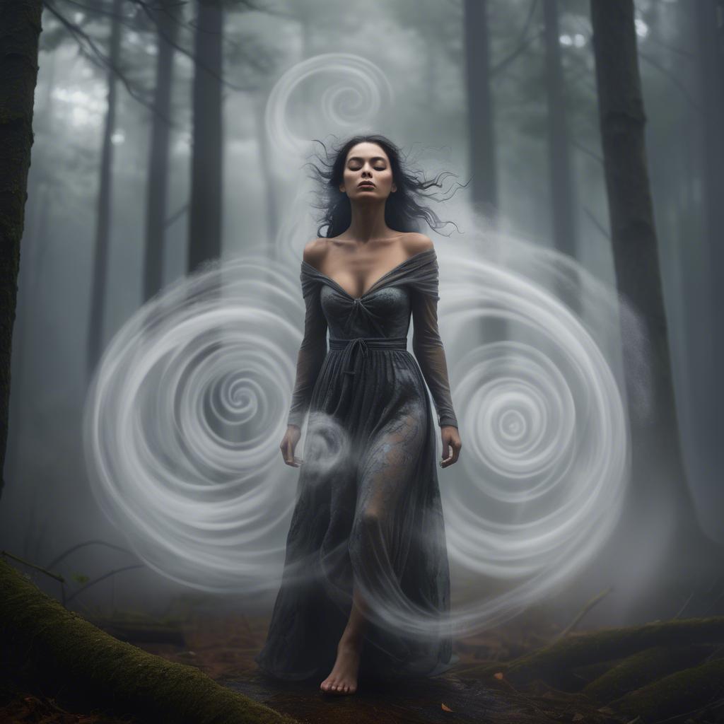 A stunning image of mystical woman surrounded by swirling mist in a forest.