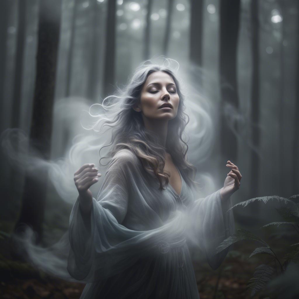 A stunning image of mystical woman surrounded by swirling mist in a forest.