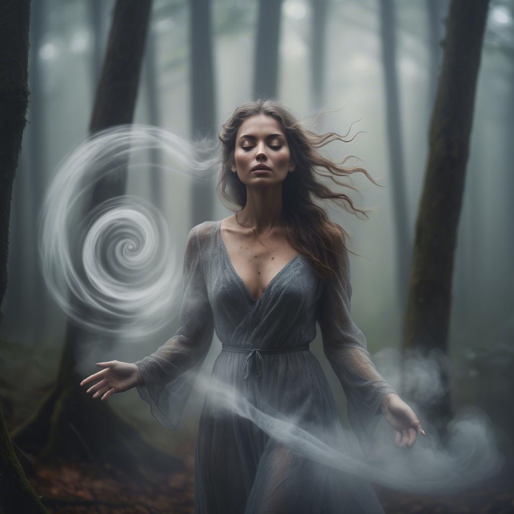 A stunning image of mystical woman surrounded by swirling mist in a forest.