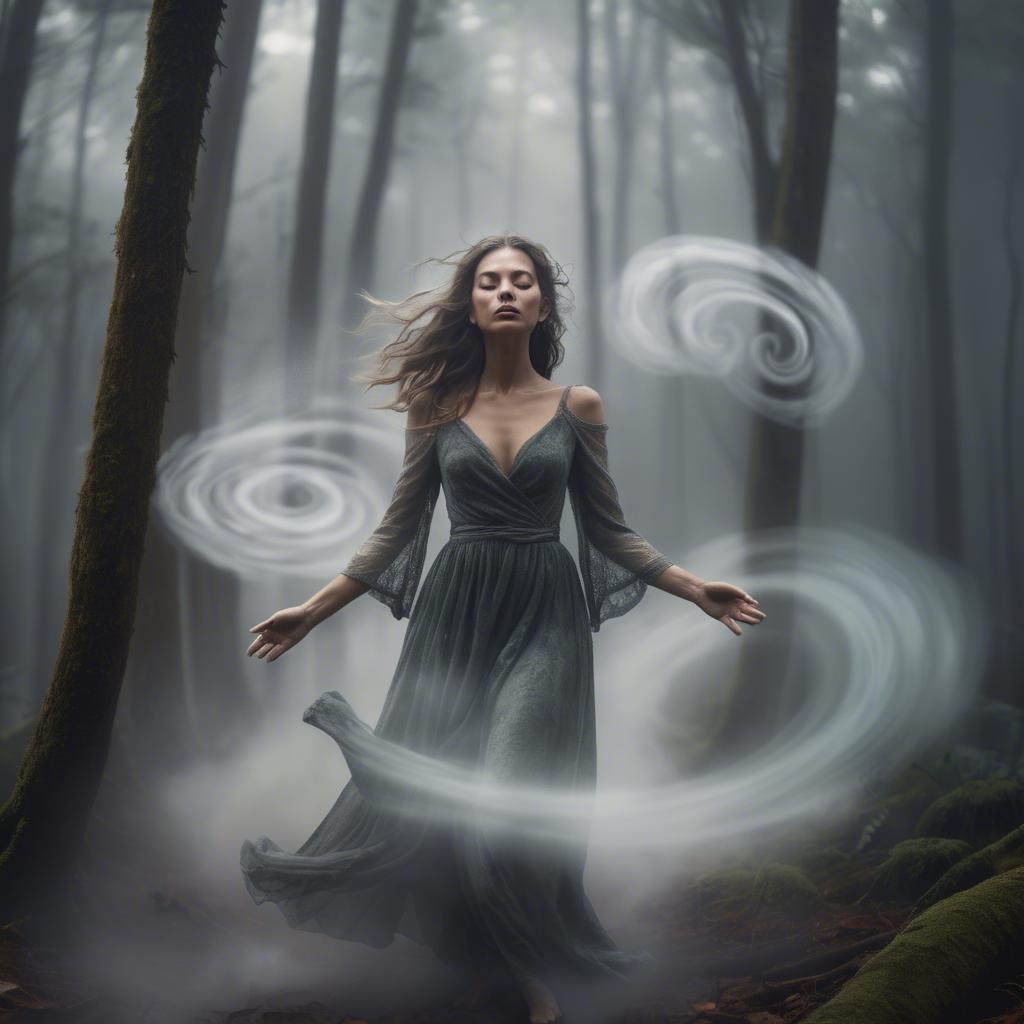 A stunning image of mystical woman surrounded by swirling mist in a forest.