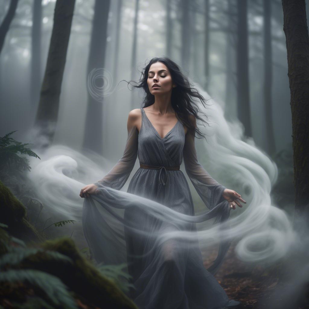 A stunning image of mystical woman surrounded by swirling mist in a forest.