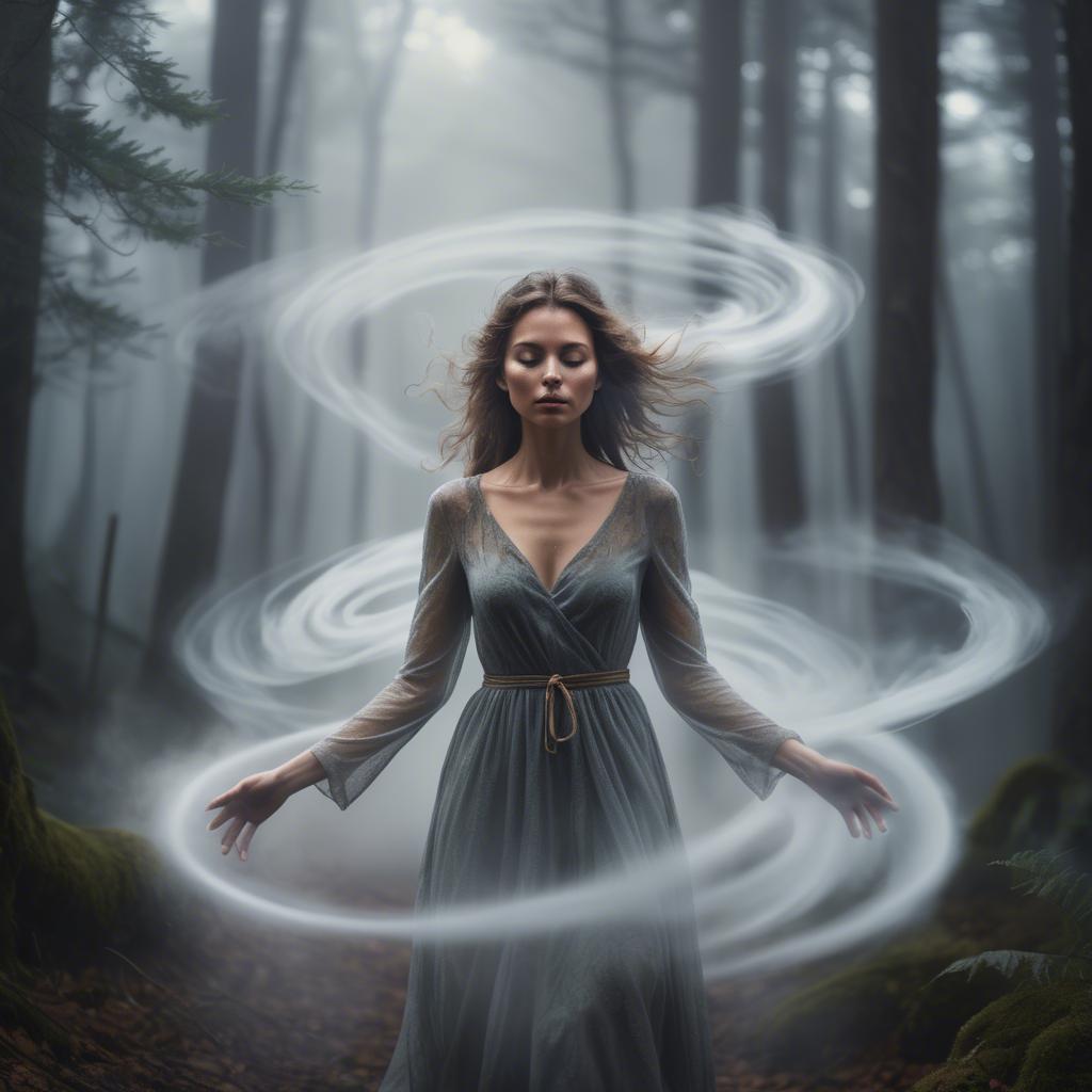 A stunning image of mystical woman surrounded by swirling mist in a forest.