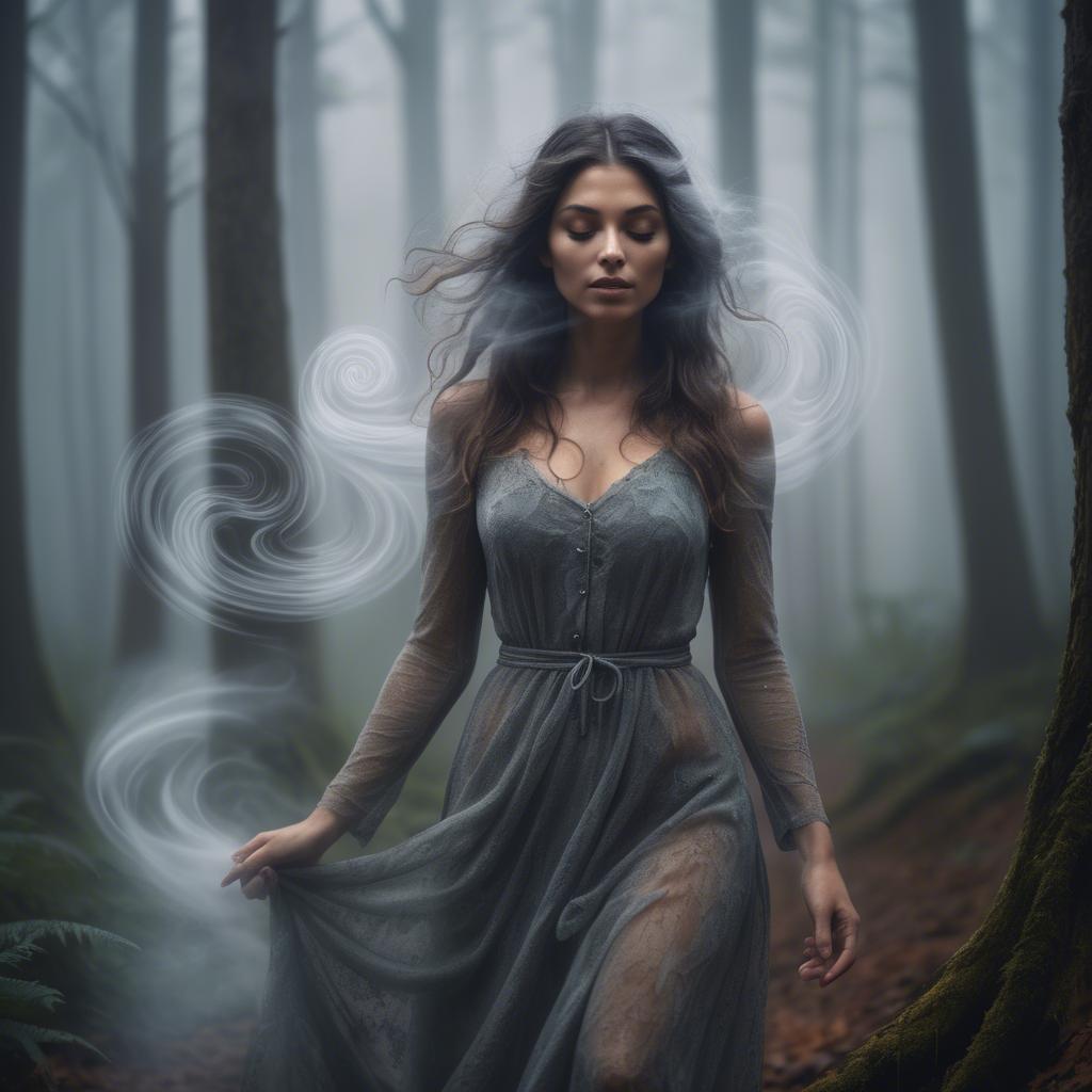 A stunning image of mystical woman surrounded by swirling mist in a forest.