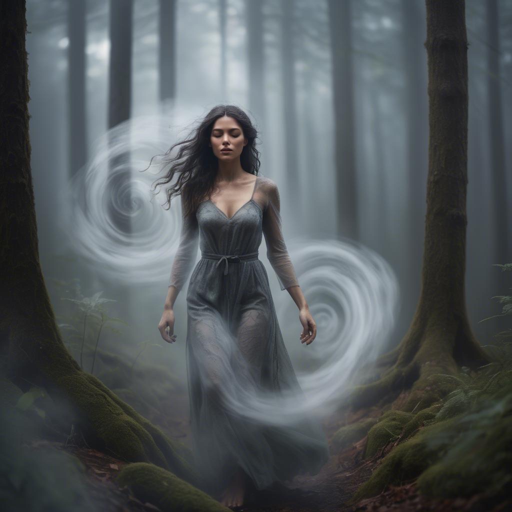 A stunning image of mystical woman surrounded by swirling mist in a forest.