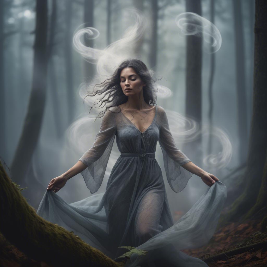 A stunning image of mystical woman surrounded by swirling mist in a forest.
