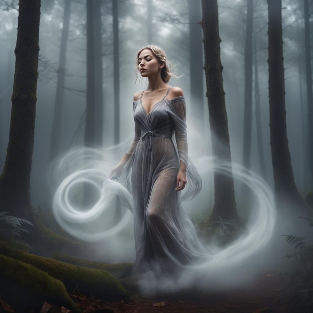 A stunning image of mystical woman surrounded by swirling mist in a forest.