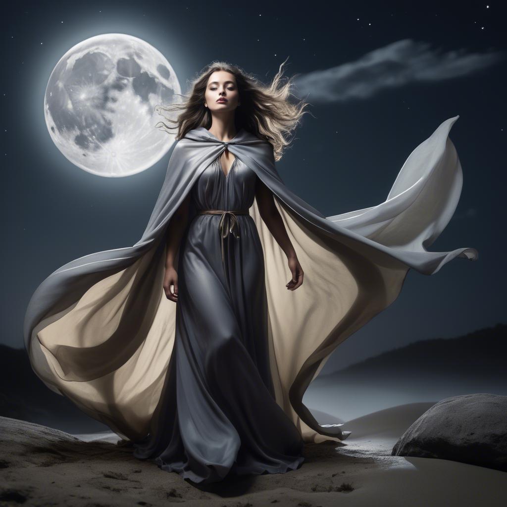 A stunning image of mystical woman with a flowing cape under the moonlight.