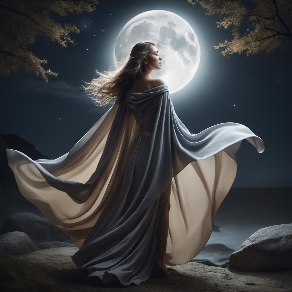 A stunning image of mystical woman with a flowing cape under the moonlight.