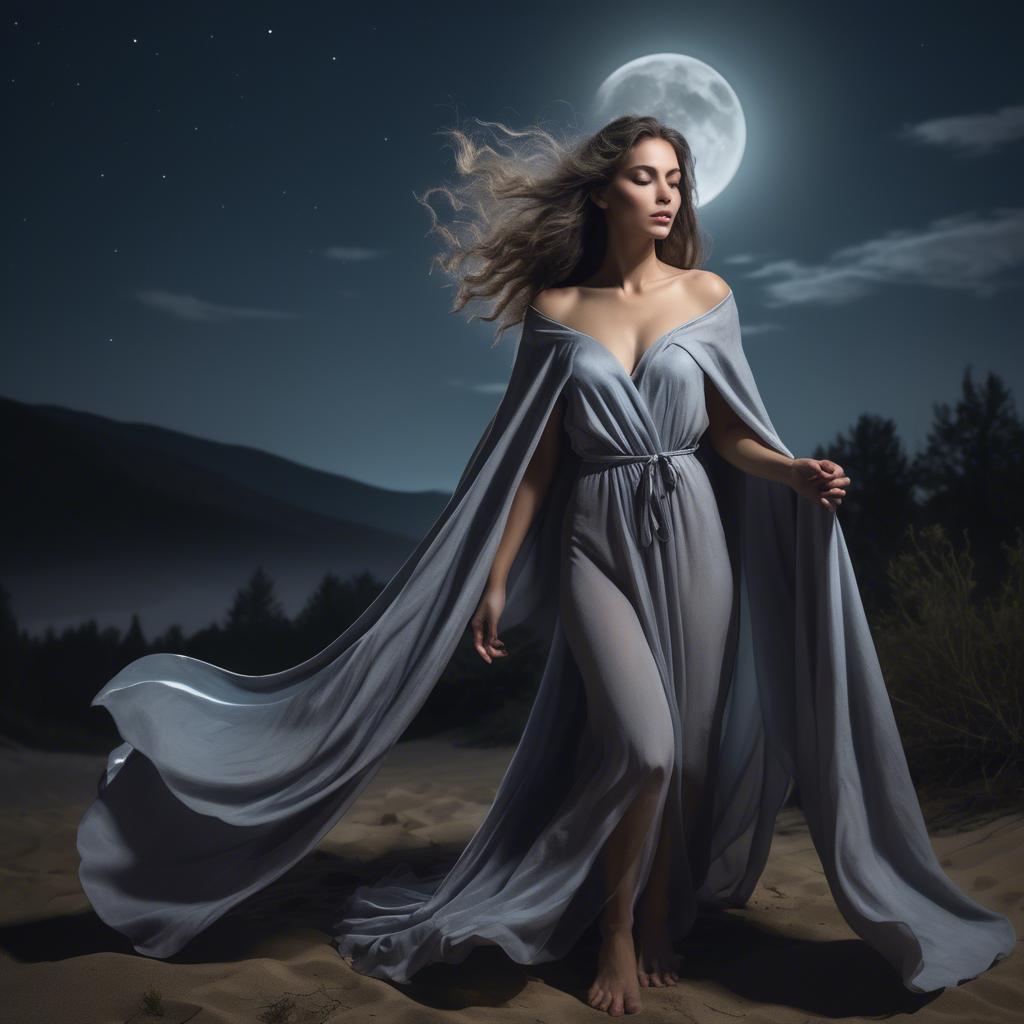 A stunning image of mystical woman with a flowing cape under the moonlight.