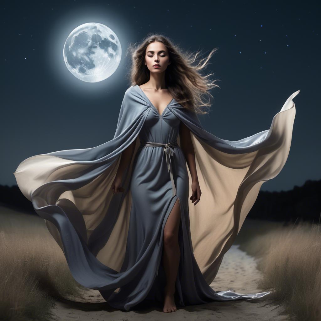 A stunning image of mystical woman with a flowing cape under the moonlight.