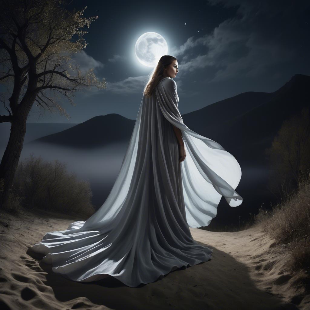A stunning image of mystical woman with a flowing cape under the moonlight.