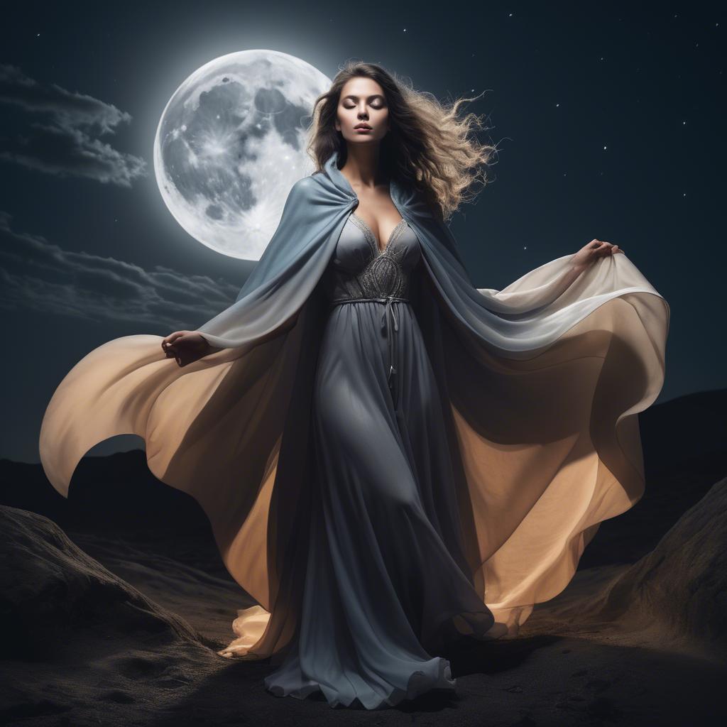 A stunning image of mystical woman with a flowing cape under the moonlight.