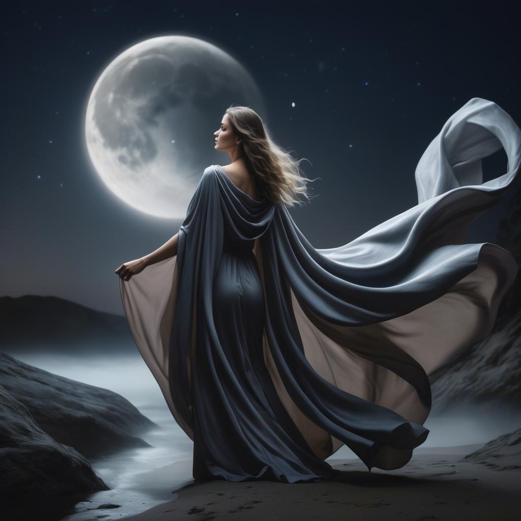 A stunning image of mystical woman with a flowing cape under the moonlight.