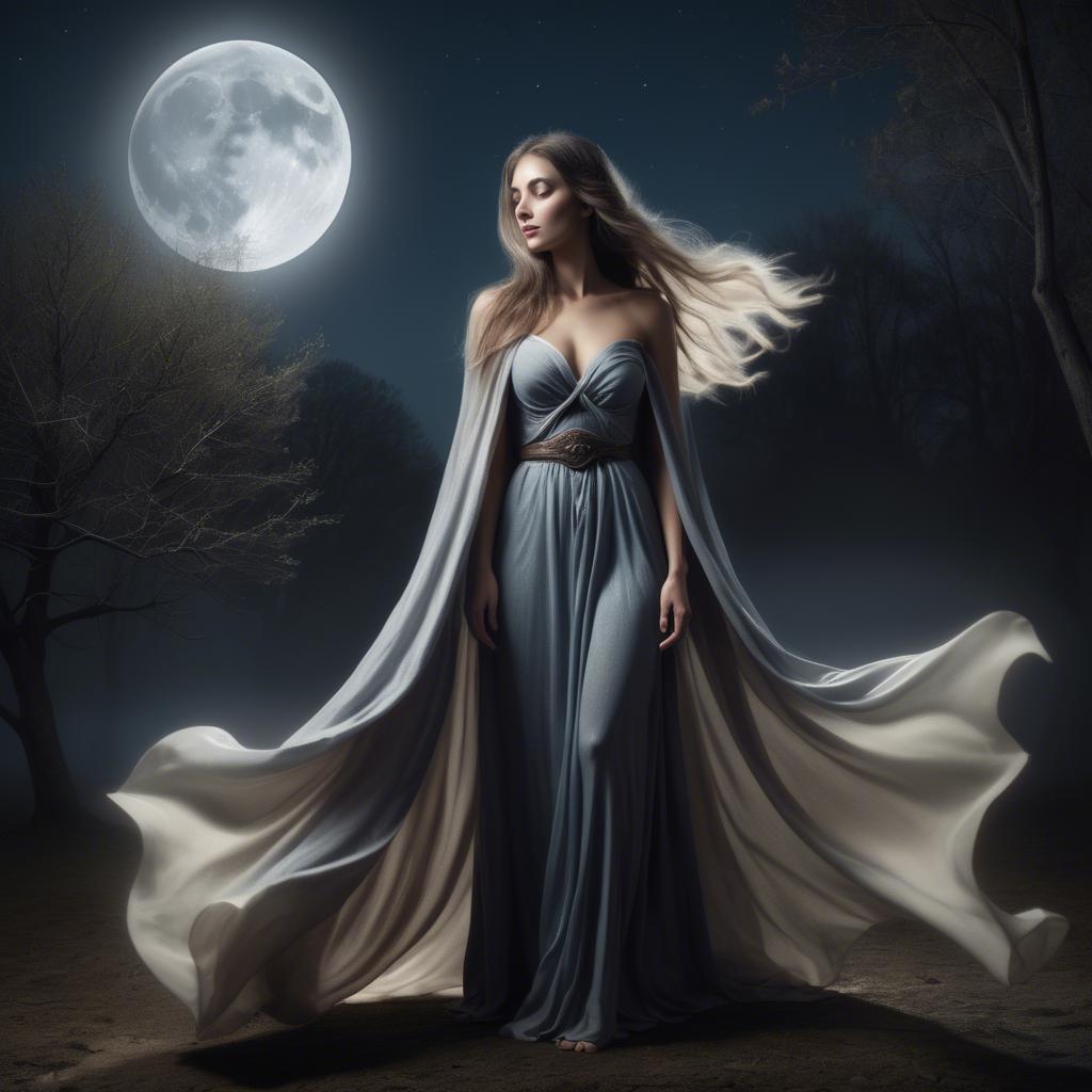 A stunning image of mystical woman with a flowing cape under the moonlight.
