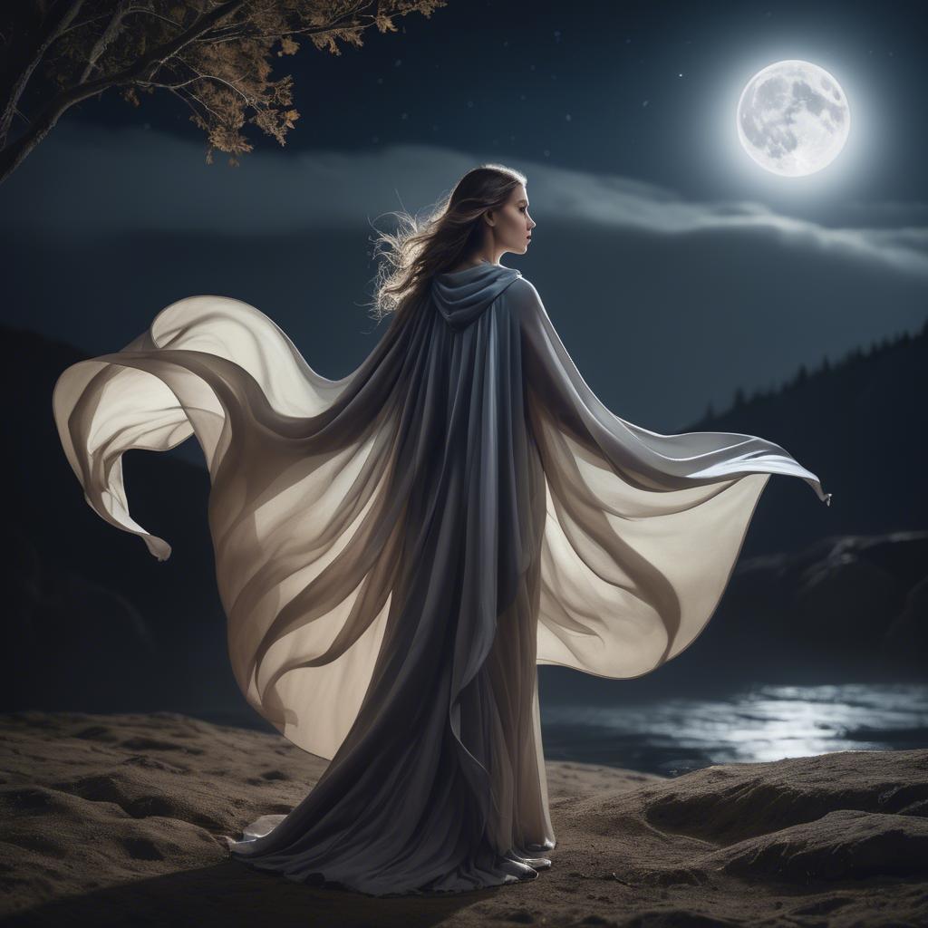 A stunning image of mystical woman with a flowing cape under the moonlight.