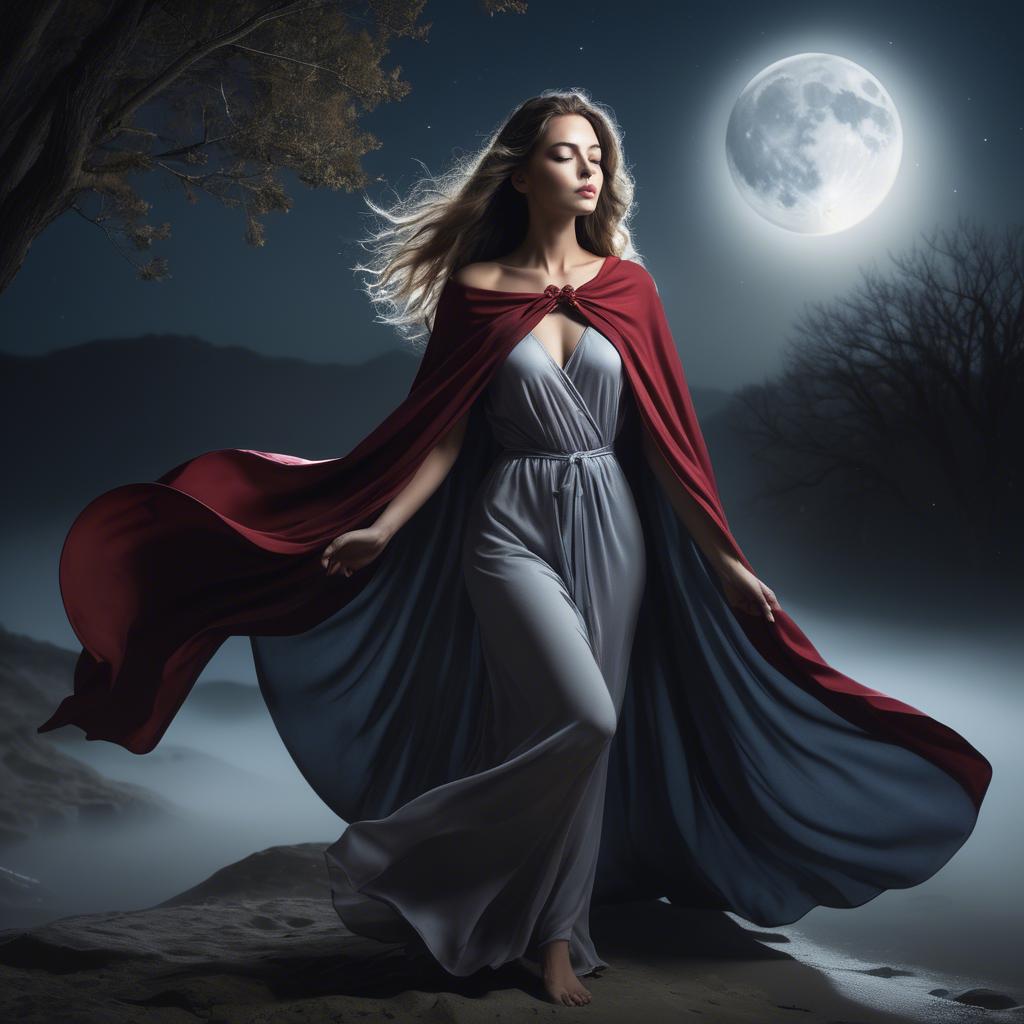 A stunning image of mystical woman with a flowing cape under the moonlight.
