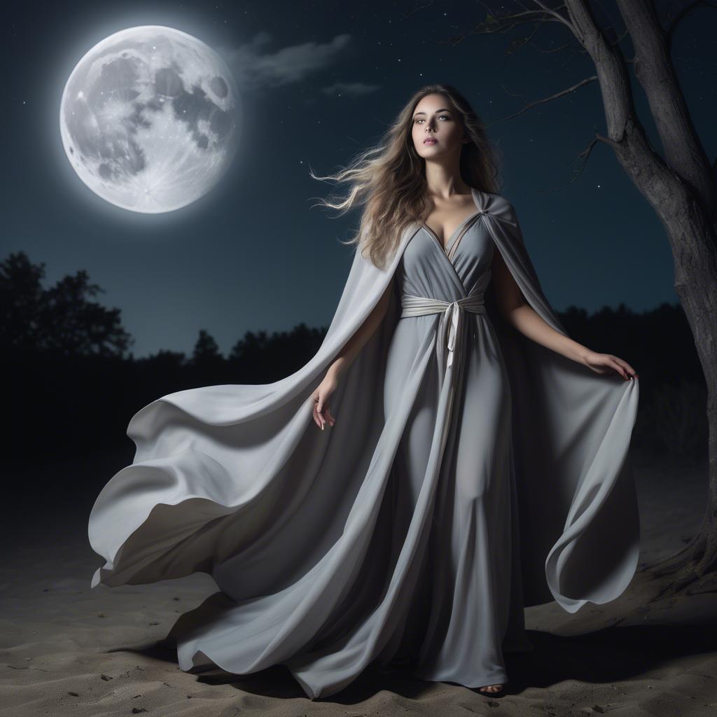 A stunning image of mystical woman with a flowing cape under the moonlight.