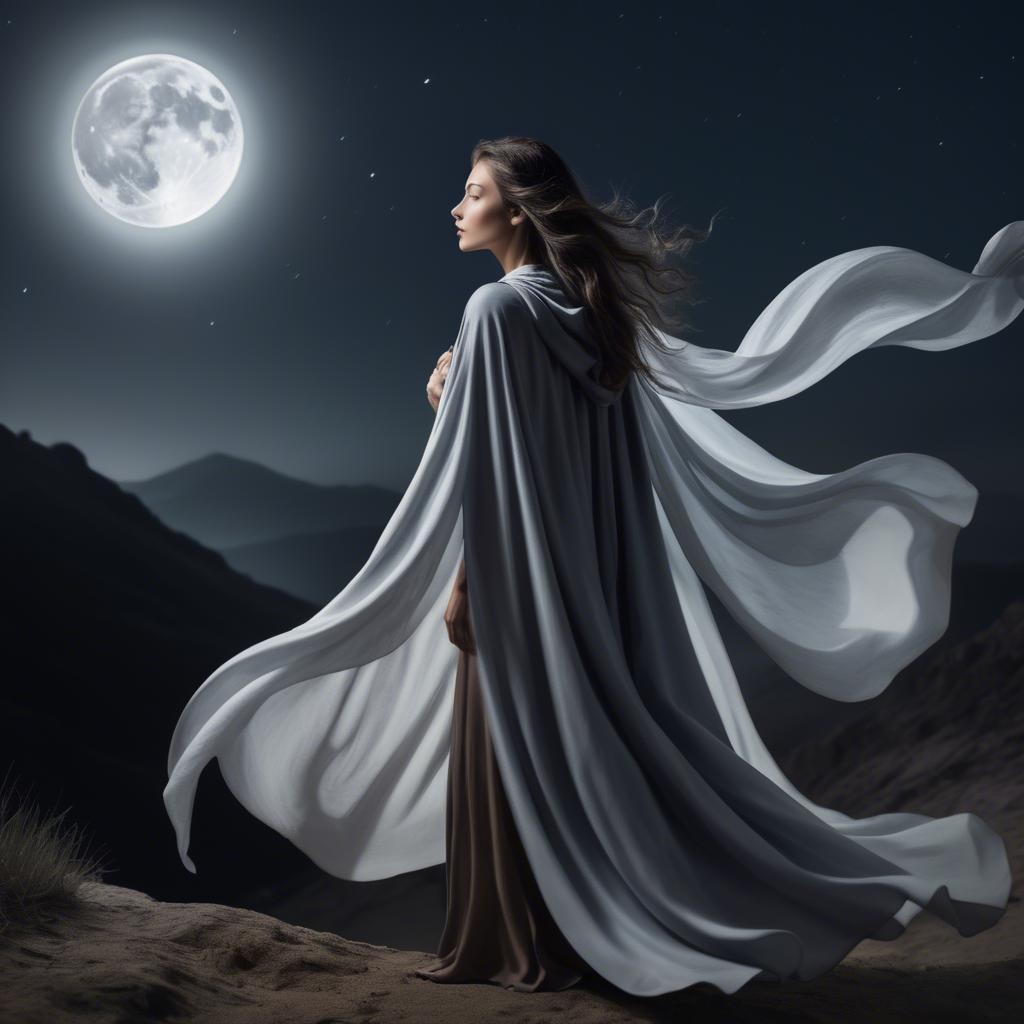 A stunning image of mystical woman with a flowing cape under the moonlight.