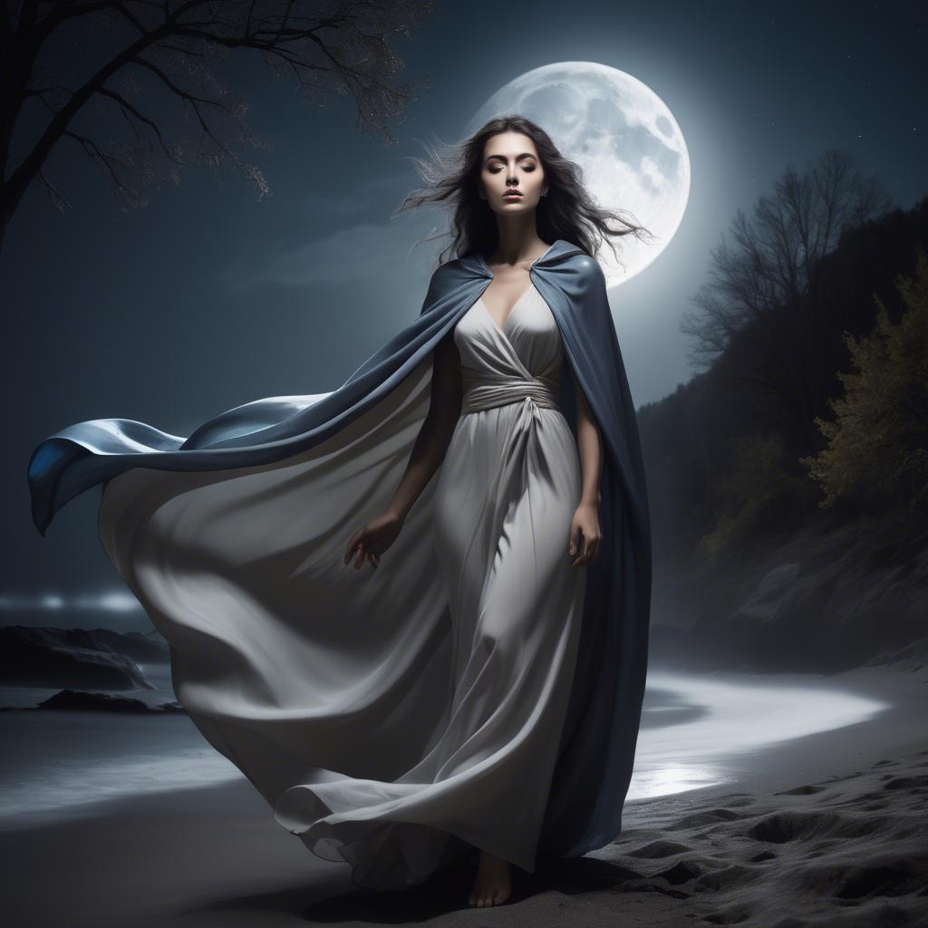A stunning image of mystical woman with a flowing cape under the moonlight.