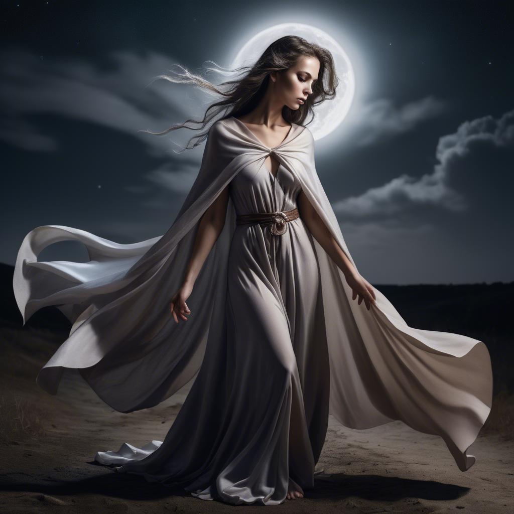 A stunning image of mystical woman with a flowing cape under the moonlight.