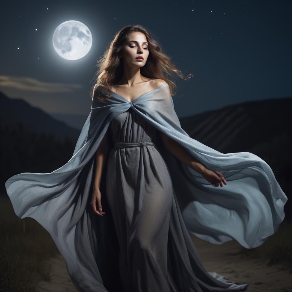 A stunning image of mystical woman with a flowing cape under the moonlight.