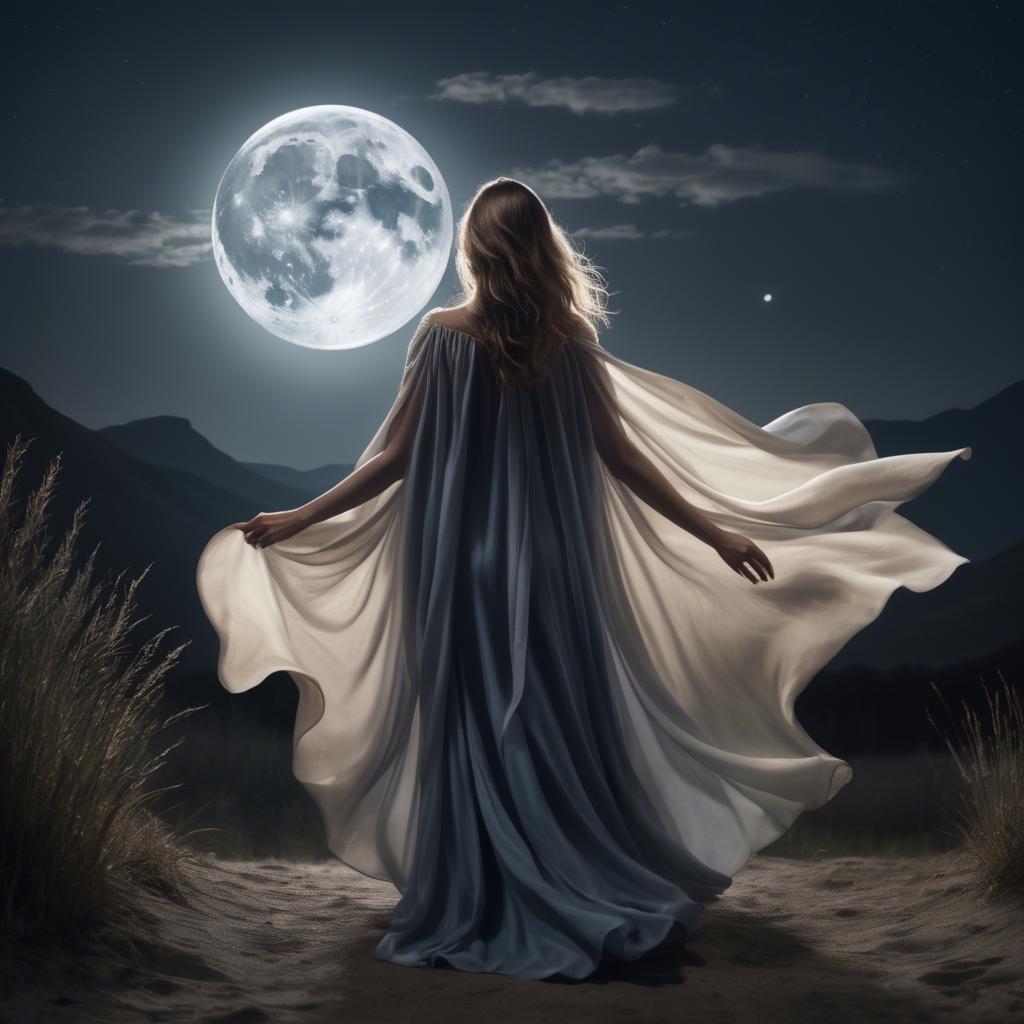 A stunning image of mystical woman with a flowing cape under the moonlight.