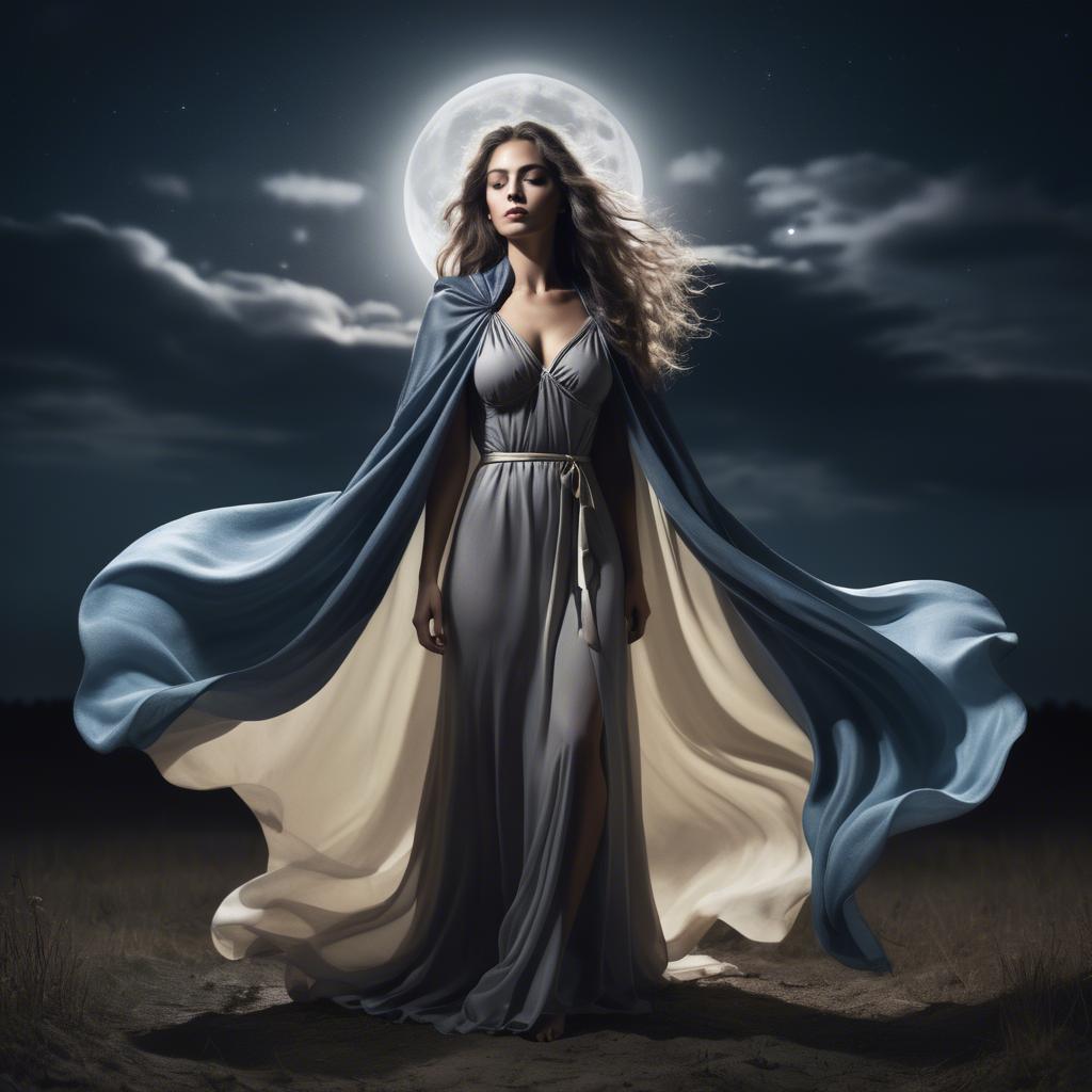 A stunning image of mystical woman with a flowing cape under the moonlight.