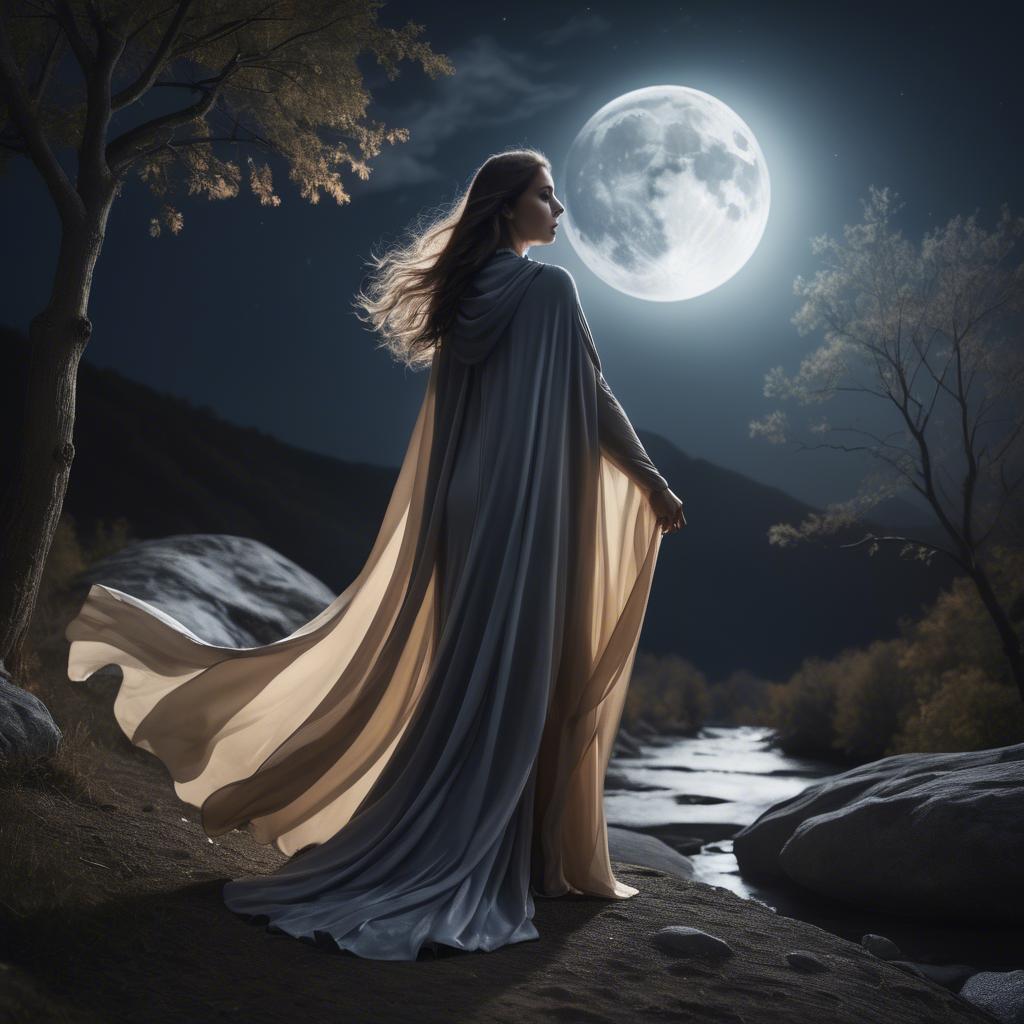 A stunning image of mystical woman with a flowing cape under the moonlight.
