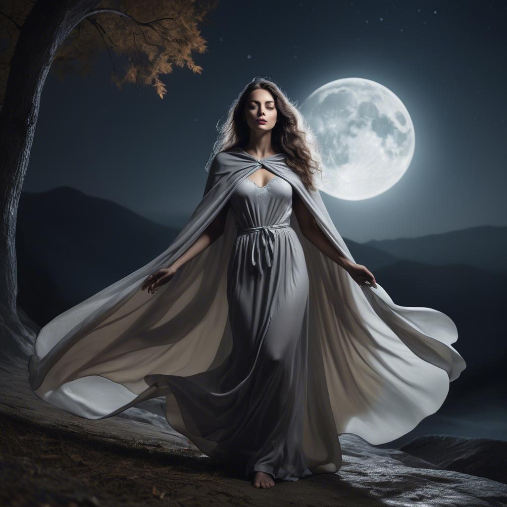 A stunning image of mystical woman with a flowing cape under the moonlight.