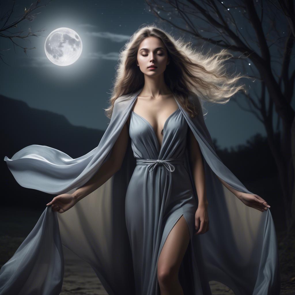 A stunning image of mystical woman with a flowing cape under the moonlight.