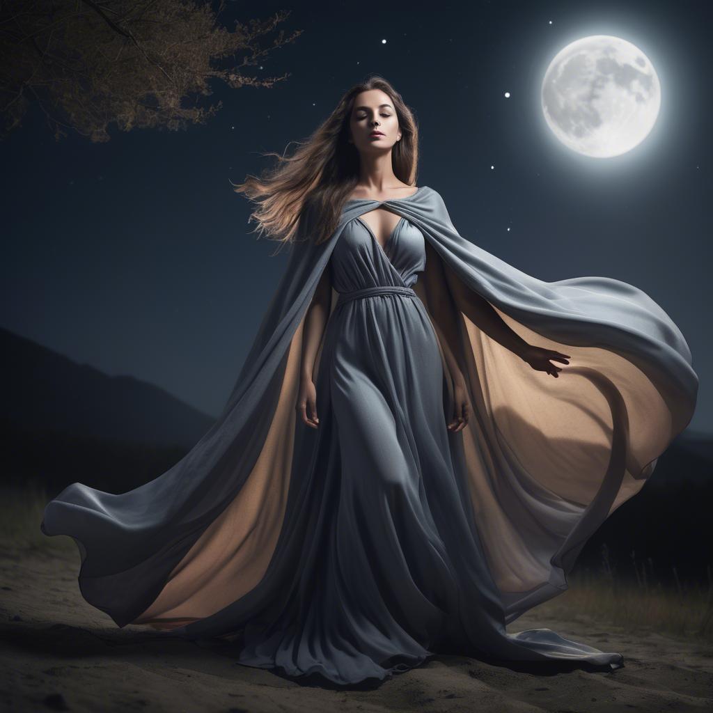 A stunning image of mystical woman with a flowing cape under the moonlight.