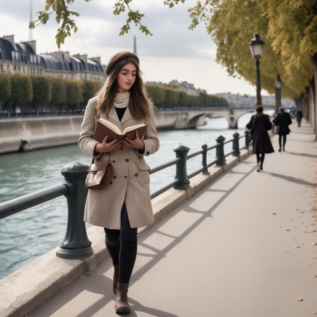 A stunning image of parisian girl walking along the seine with a book.