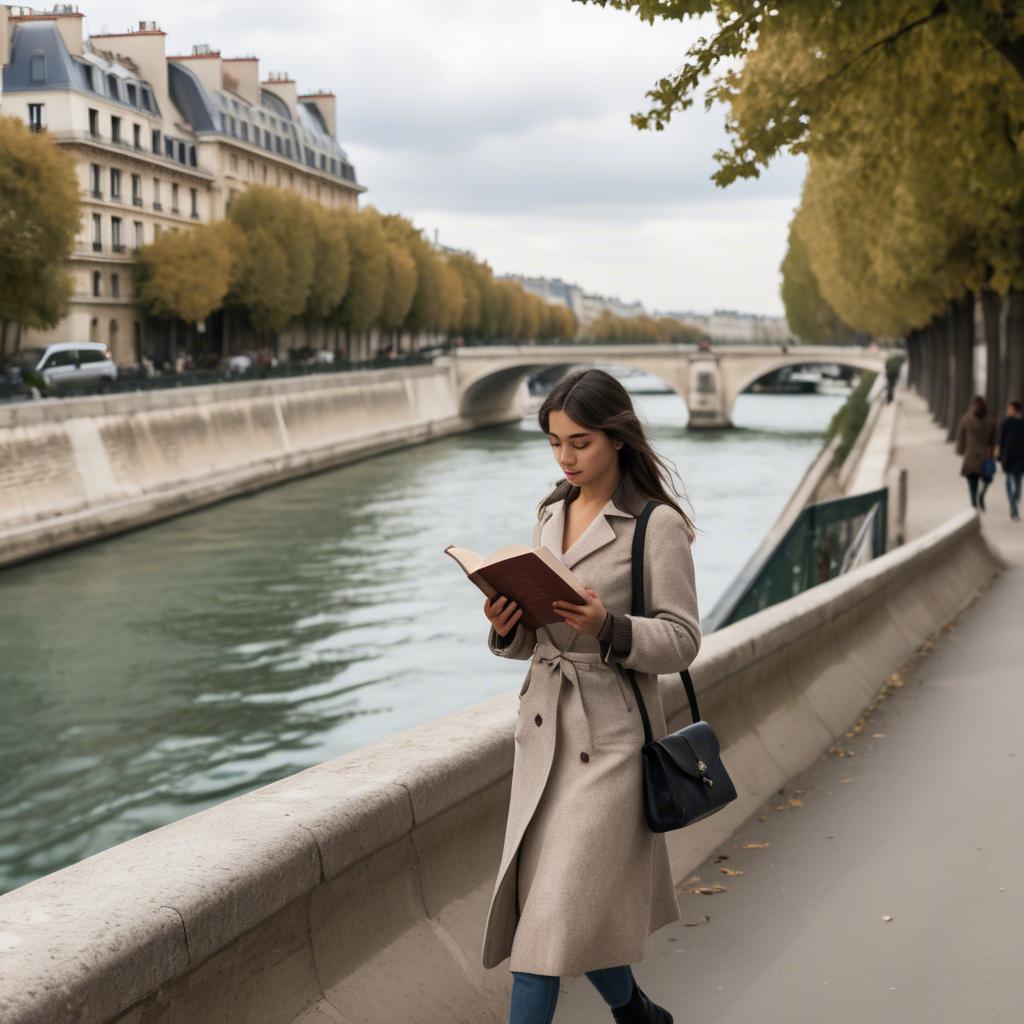 A stunning image of parisian girl walking along the seine with a book.