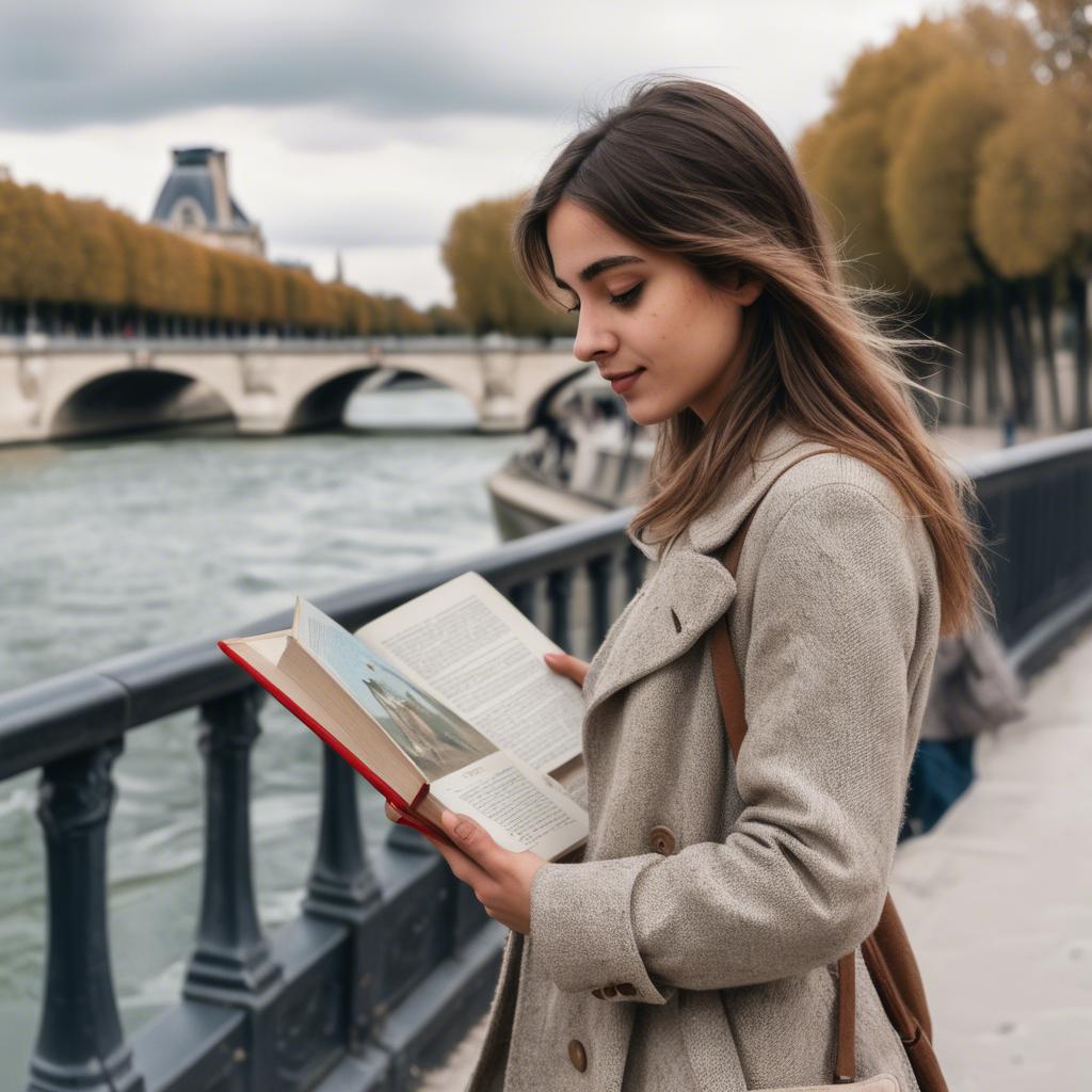 A stunning image of parisian girl walking along the seine with a book.