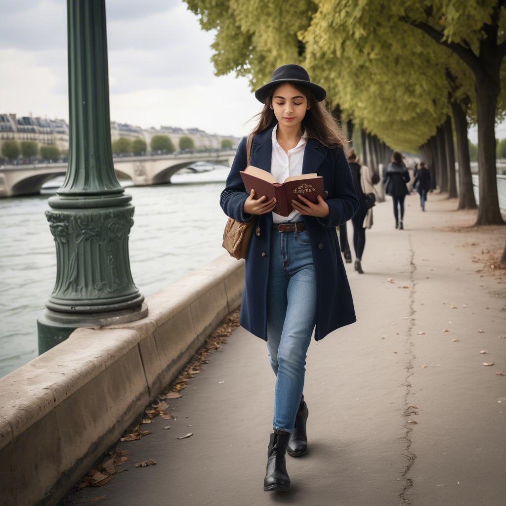 A stunning image of parisian girl walking along the seine with a book.