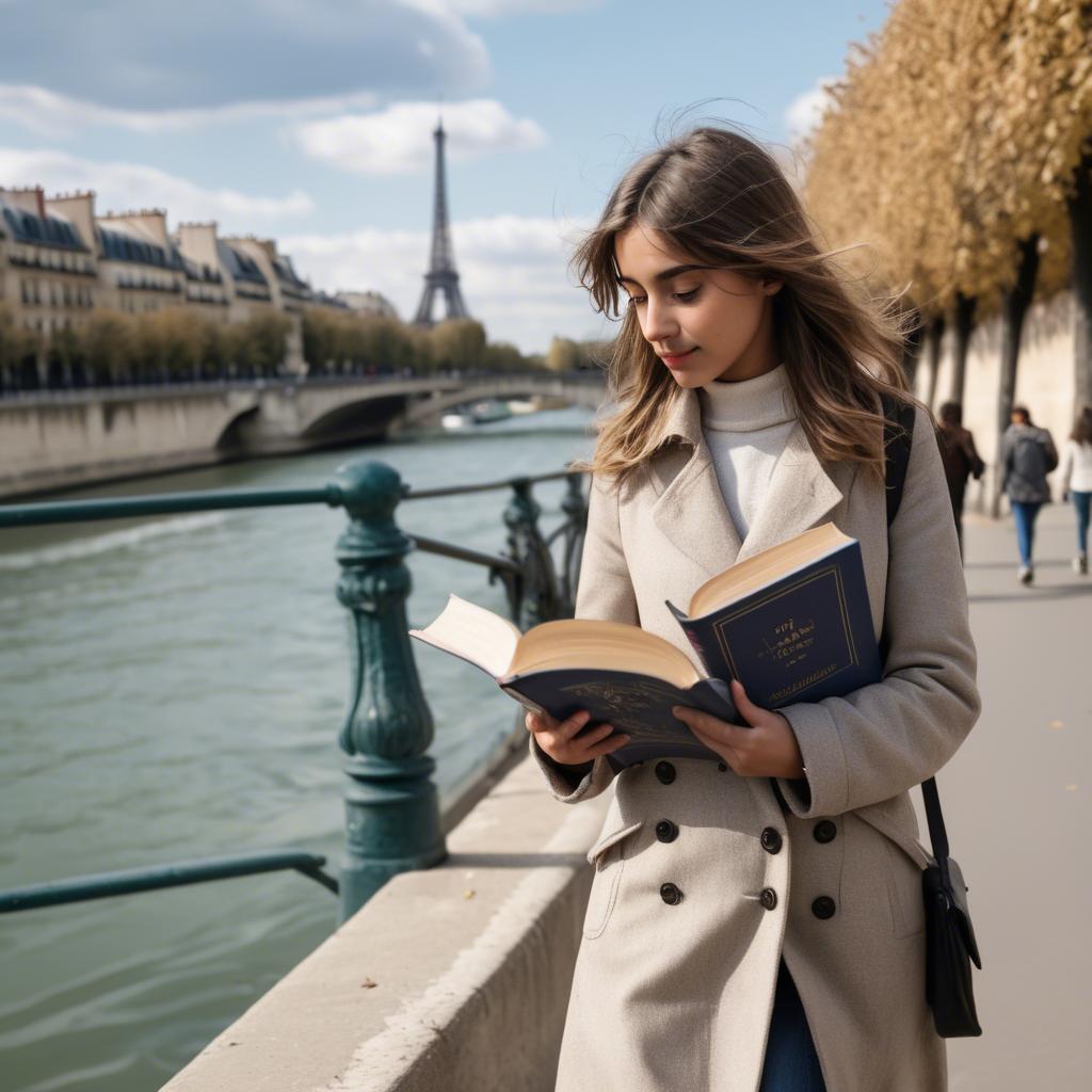 A stunning image of parisian girl walking along the seine with a book.