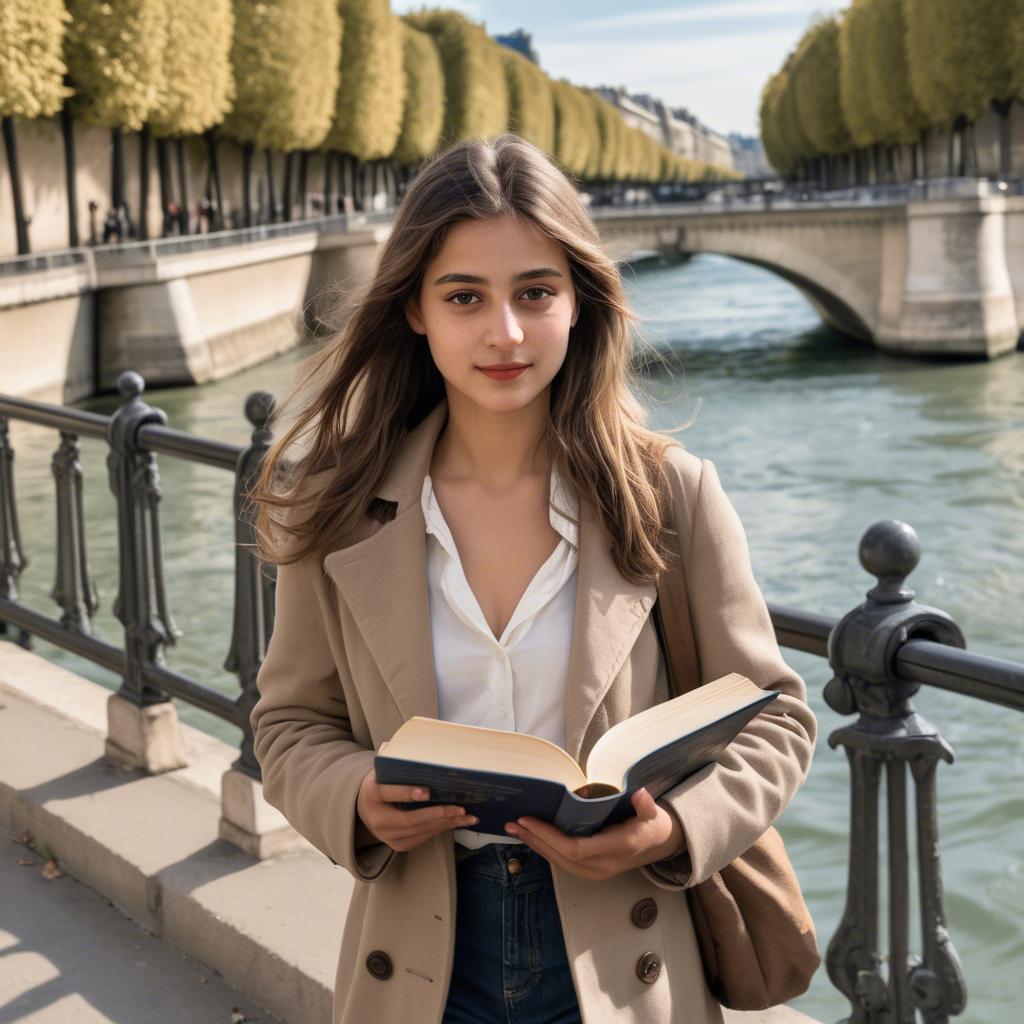 A stunning image of parisian girl walking along the seine with a book.