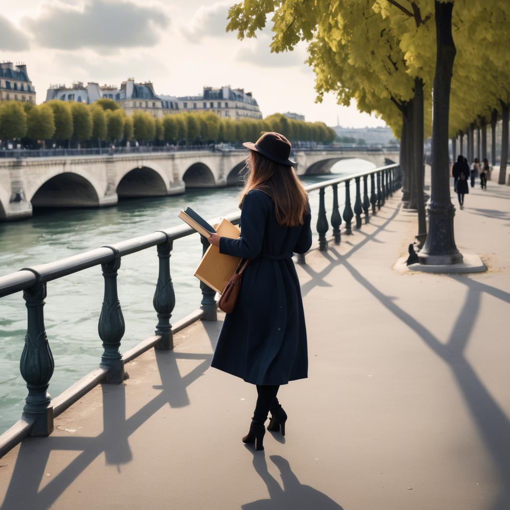 A stunning image of parisian girl walking along the seine with a book.