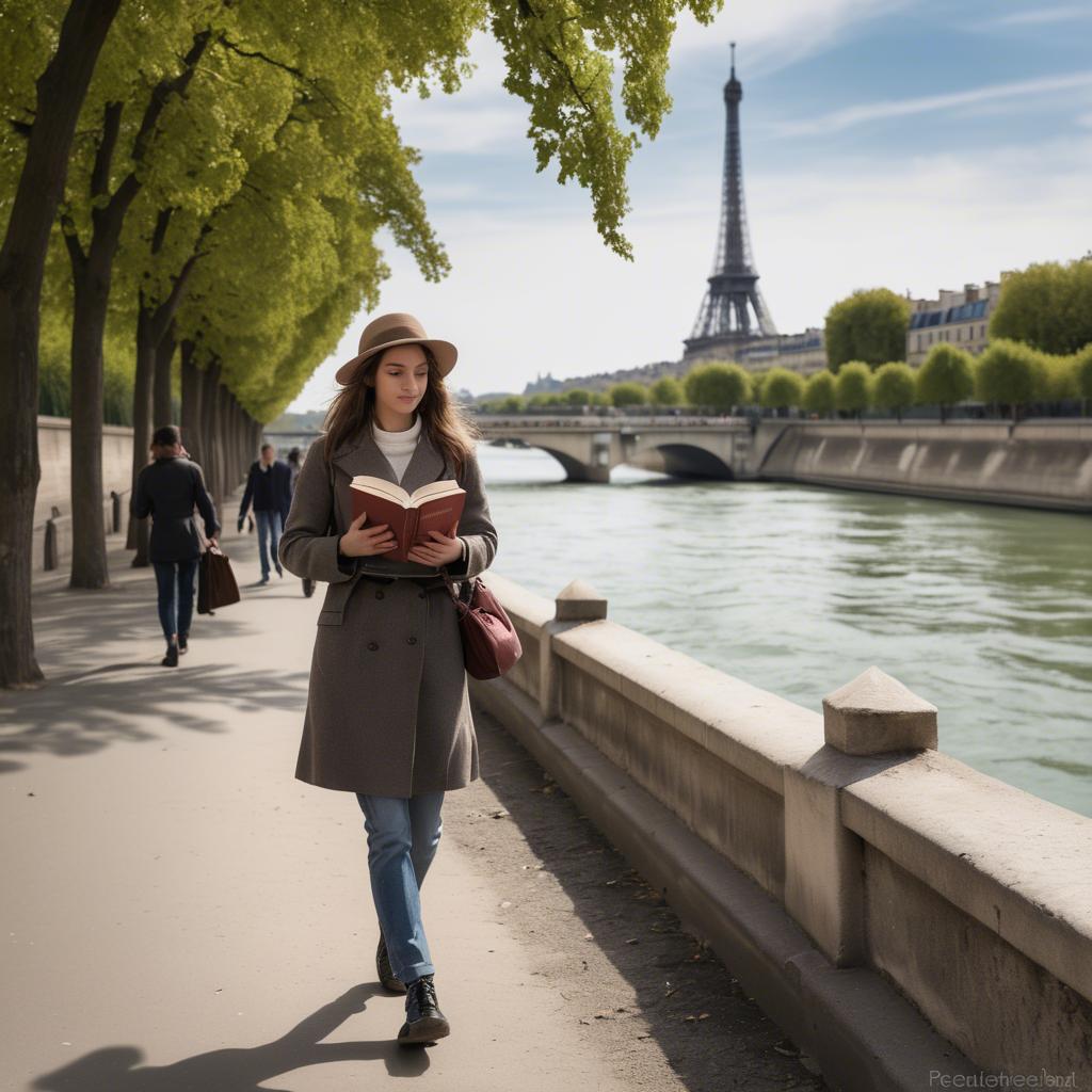 A stunning image of parisian girl walking along the seine with a book.
