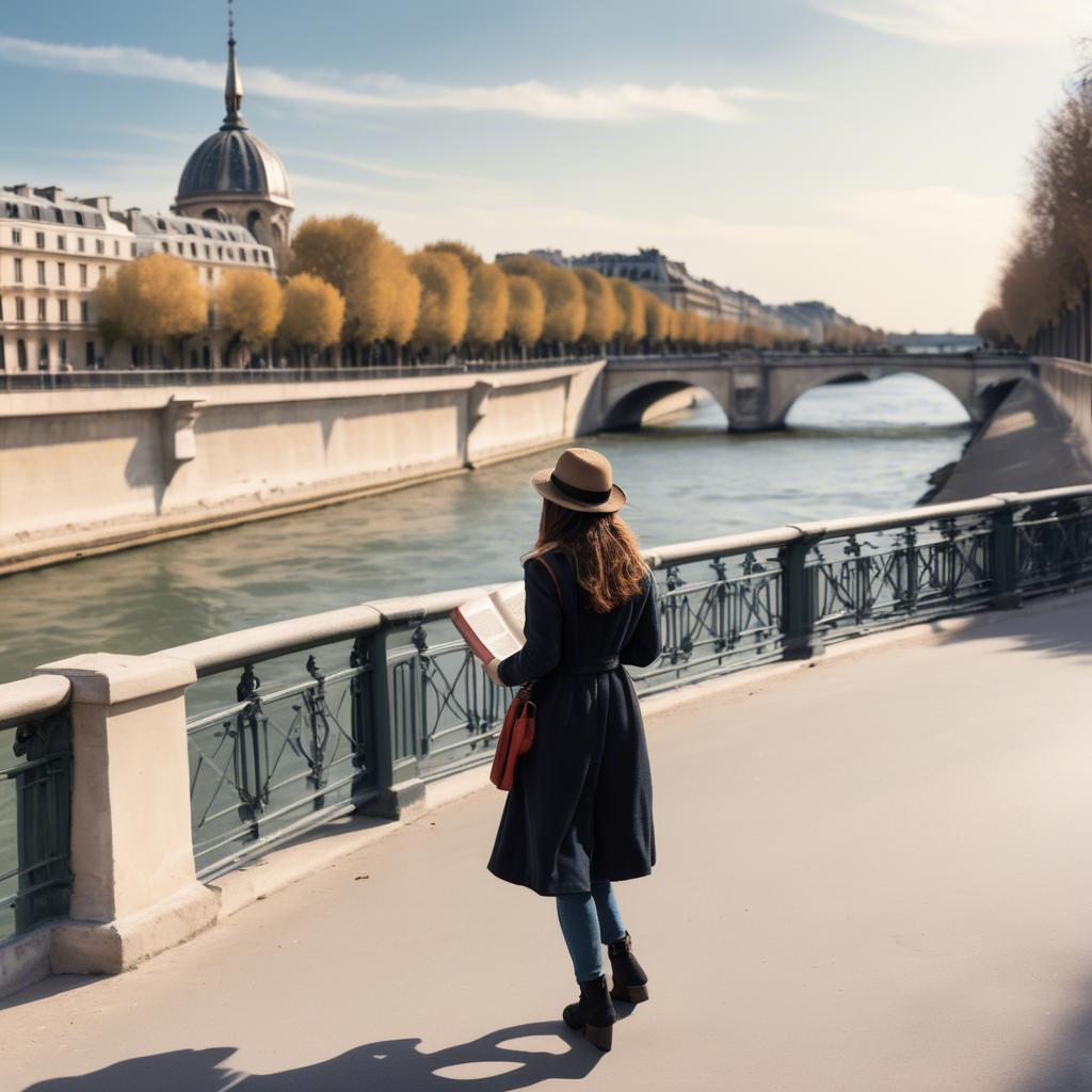 A stunning image of parisian girl walking along the seine with a book.