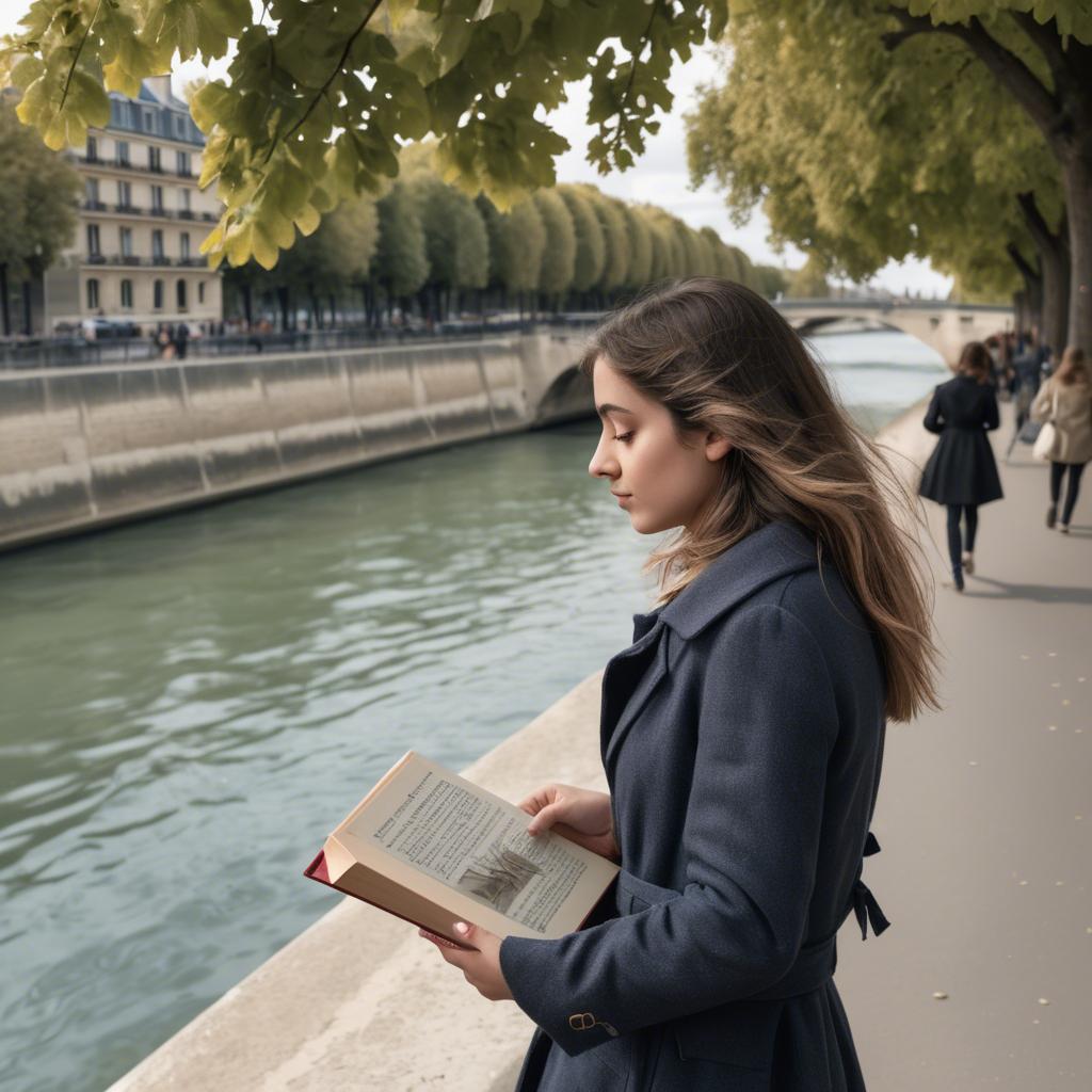 A stunning image of parisian girl walking along the seine with a book.