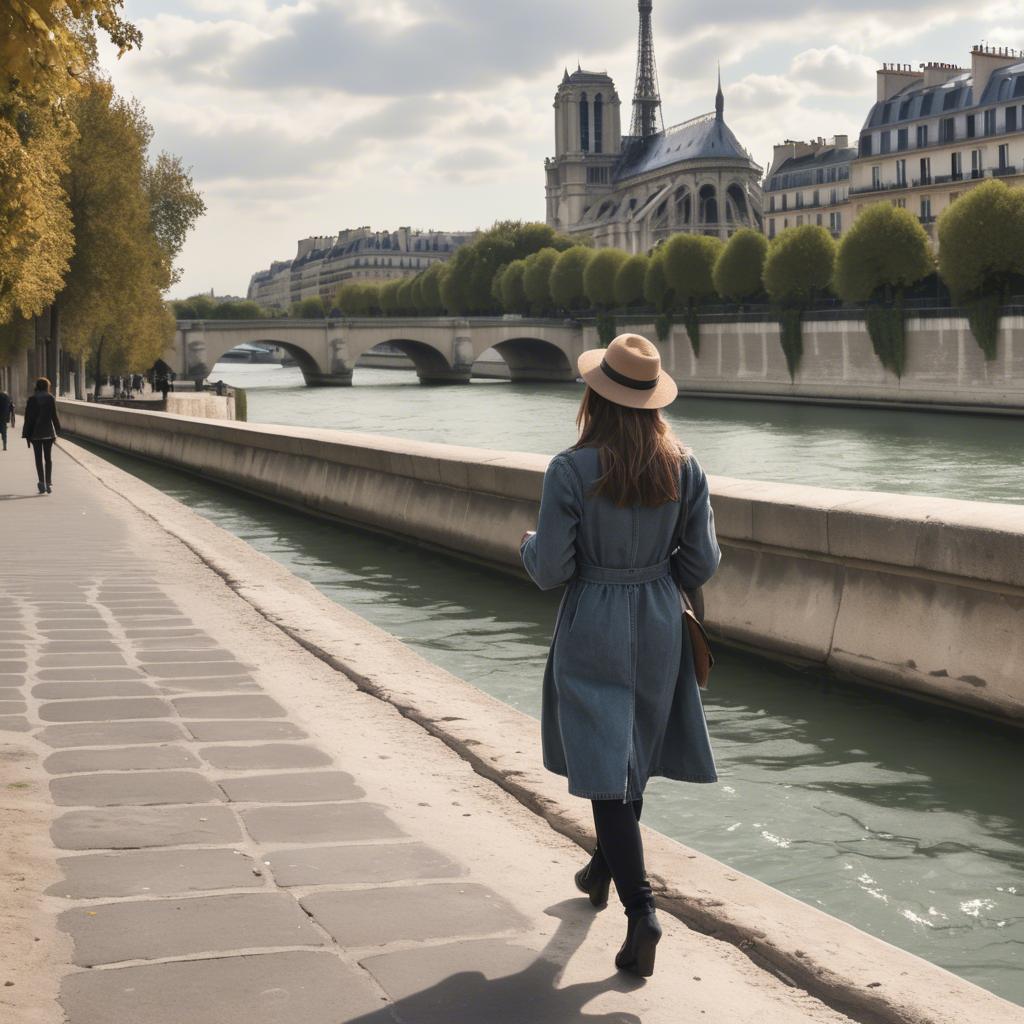 A stunning image of parisian girl walking along the seine with a book.